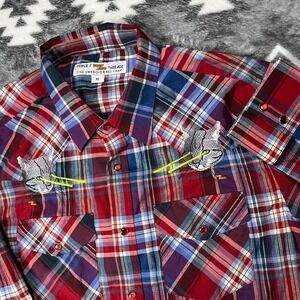 Triple Z Threadz Mens XL Laser Cat Plaid Western Snap Button Down Shirt Red Blue